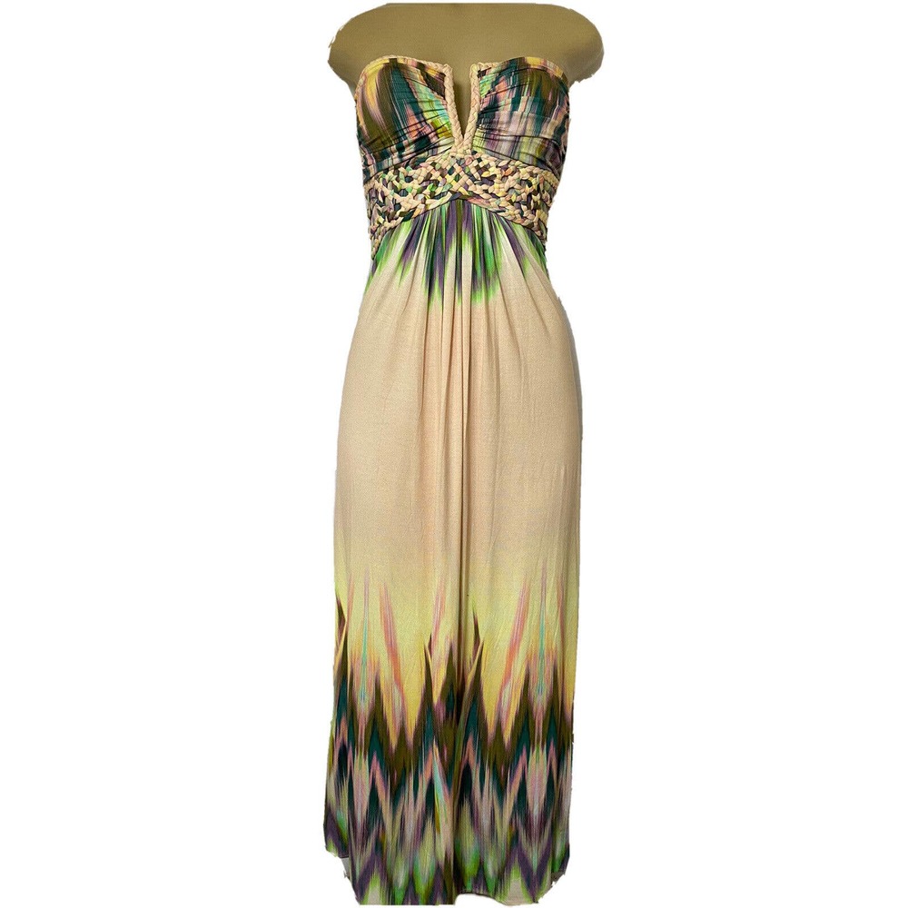 SKY Dress Tunic Maxi Midi Peach Strapless Braided Empire Waist Multi Color L